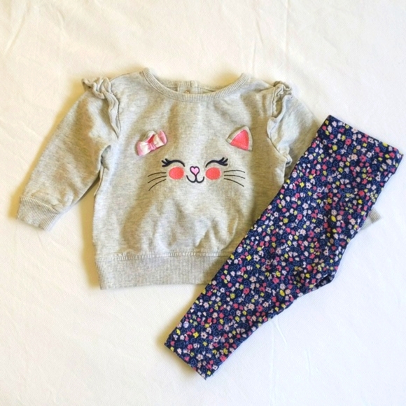 mixed brands kitten sweatshirt & floral leggings outfit set 6-12 month baby girl - Picture 1 of 8